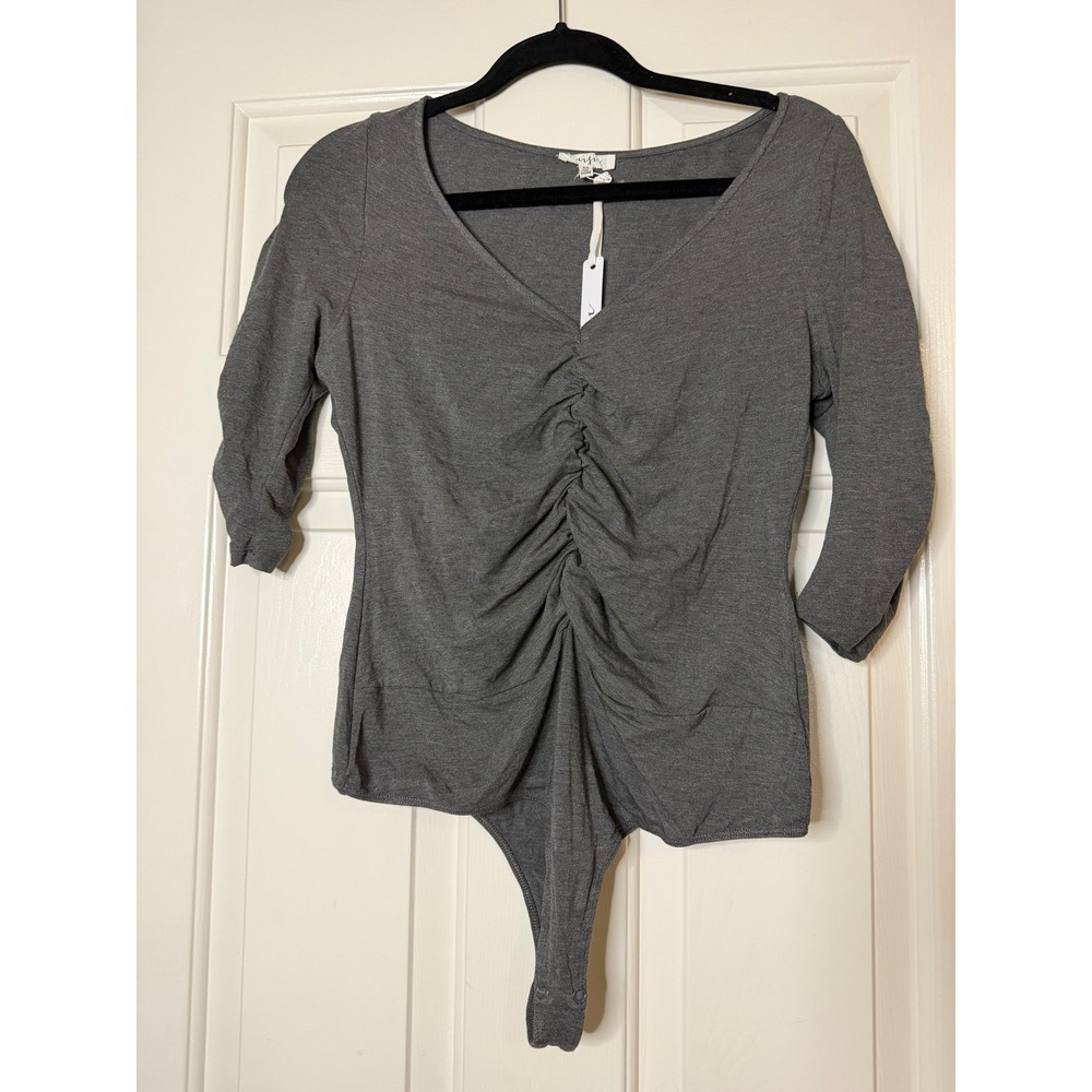 Maisie Women Grey Ruched V-Neck Three Quarter Sleeve Thong Bodysuit Size M NWT